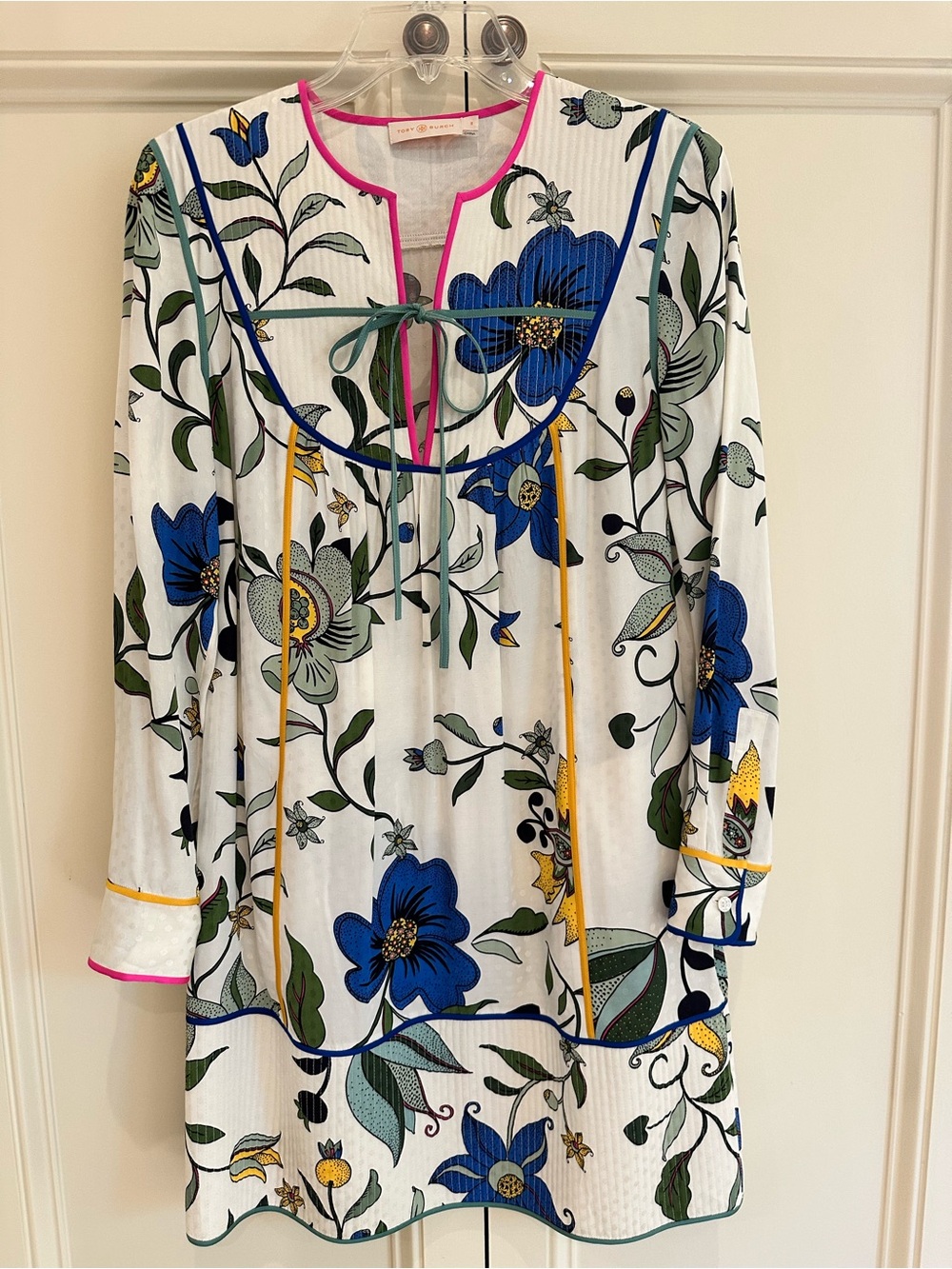 Tory Burch White Tunic with Blue Floral Print and Pink & Yellow Trim